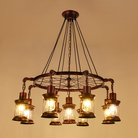 Bronze Iron Pendant Light With Clear Glass Shade - Industrial Wagon Wheel Chandelier 9 / D