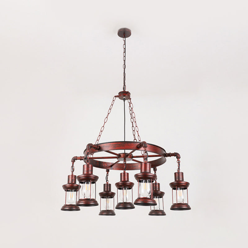 Wagon Wheel Chandelier with Clear Glass Shade in Bronze - Industrial Pendant Lighting