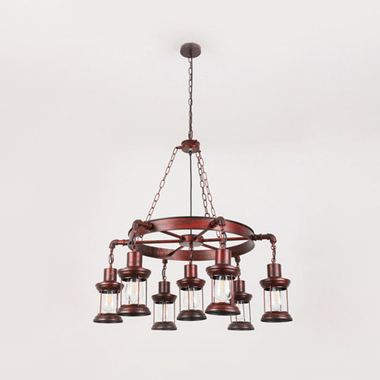 Bronze Iron Pendant Light With Clear Glass Shade - Industrial Wagon Wheel Chandelier