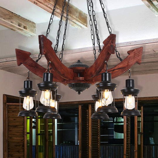 Nautical Lantern Iron Ceiling Light Fixture - Restaurant Chandelier In Wood