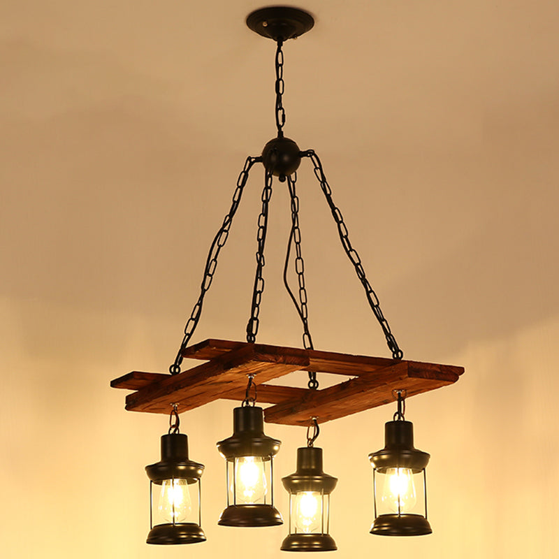 Nautical Lantern Iron Ceiling Light Fixture - Restaurant Chandelier In Wood 4 /