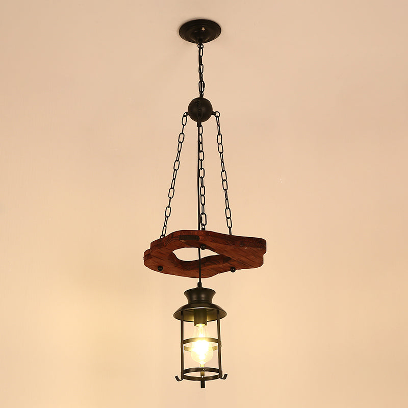 Nautical Restaurant Chandelier with Lantern Iron Ceiling Fixture in Wood