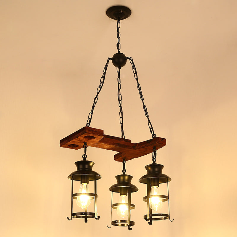 Nautical Lantern Iron Ceiling Light Fixture - Restaurant Chandelier In Wood 3 /