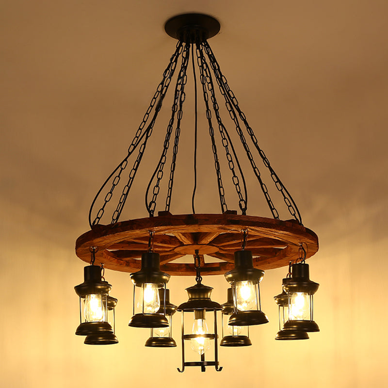 Nautical Restaurant Chandelier with Lantern Iron Ceiling Fixture in Wood