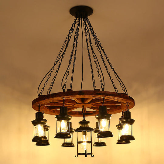 Nautical Lantern Iron Ceiling Light Fixture - Restaurant Chandelier In Wood 9 /
