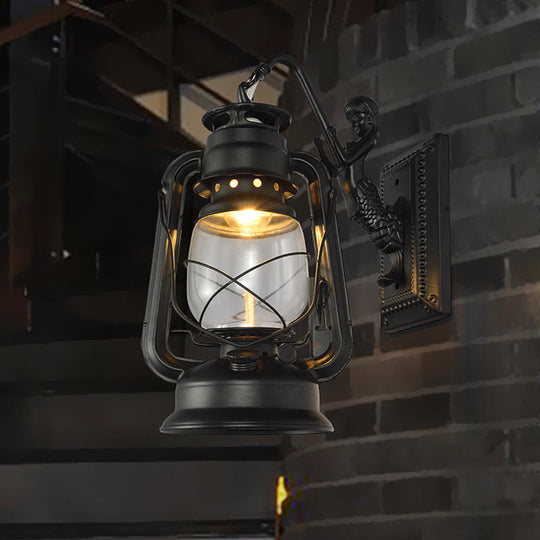 Retro Lantern Style Iron Wall Light - 1-Light Corridor Kerosene Fixture Black / A