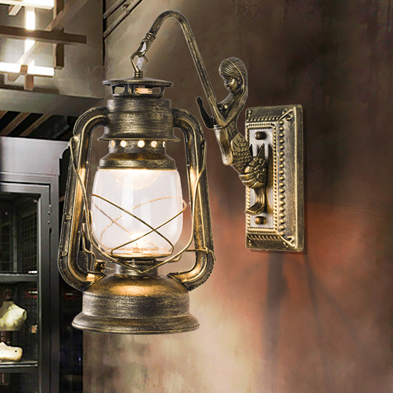 Retro Lantern Style Iron Wall Light - 1-Light Corridor Kerosene Fixture Bronze / A