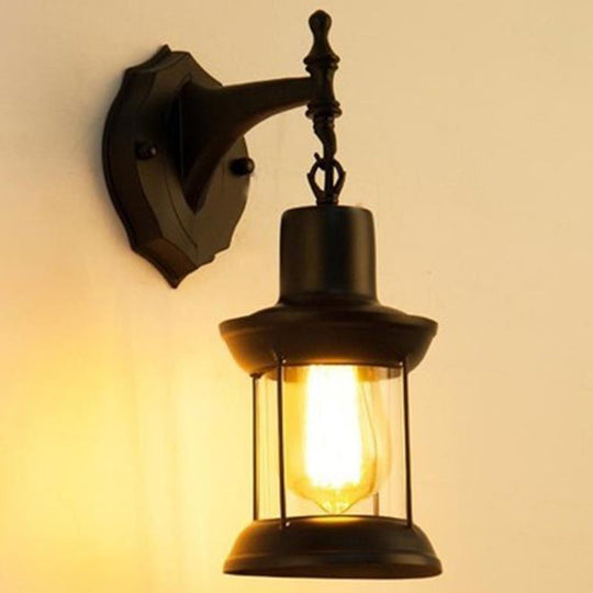 Retro Lantern Style Iron Wall Light - 1-Light Corridor Kerosene Fixture Black / C