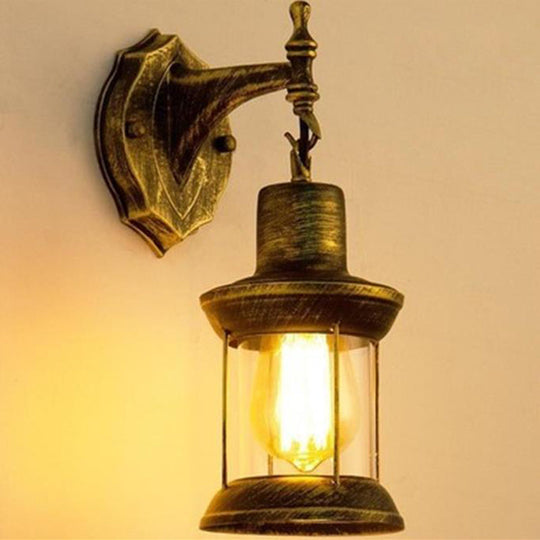 Retro Lantern Style Iron Wall Light - 1-Light Corridor Kerosene Fixture Bronze / C
