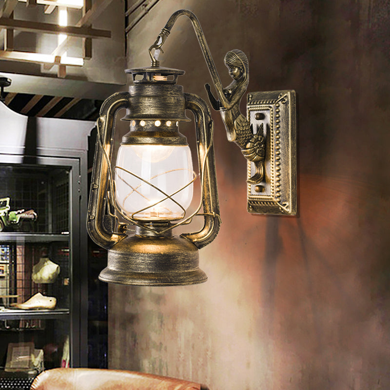 Bronze Vintage Wall Light Fixture: Shaded Iron Kerosene Lantern For Corridor