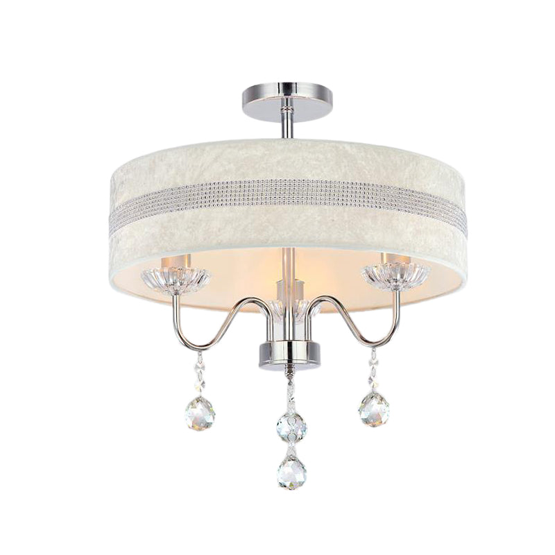 Nordic Drum Fabric Chandelier Light With Crystal Drop - Chrome Finish For Bedroom (3/4 Lights)
