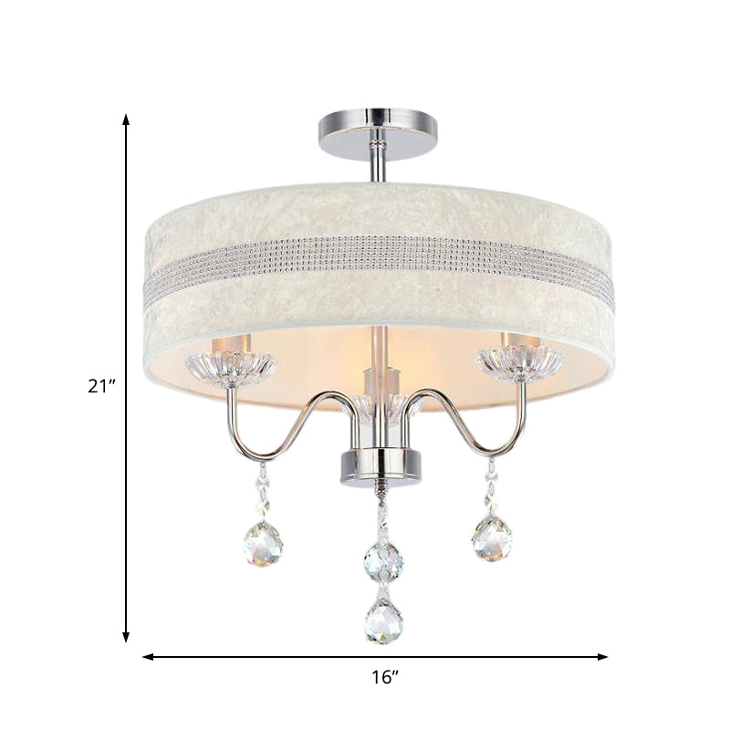 Modern Nordic Drum Fabric Chandelier Light with Crystal Drop for Bedroom - Chrome Finish