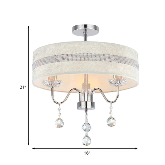Modern Nordic Drum Fabric Chandelier Light with Crystal Drop for Bedroom - Chrome Finish