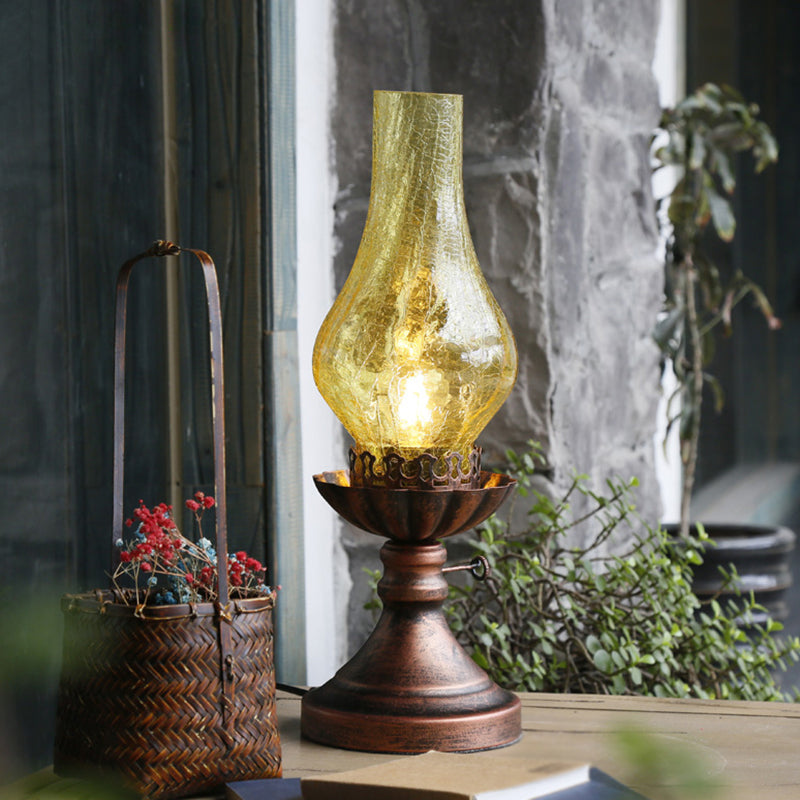 Bronze Crackle Glass Chimney Shade Kerosene Retro Bedside Table Light