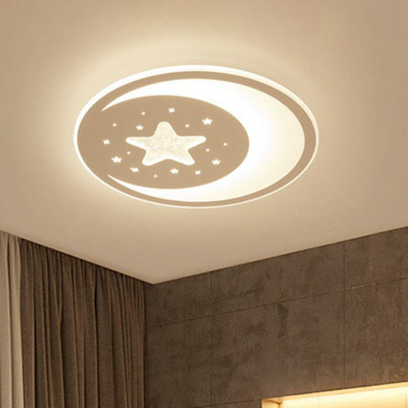 Metallic Led Flush Mount Ceiling Light For Kids Bedroom – Modern White Crescent And Star Design
