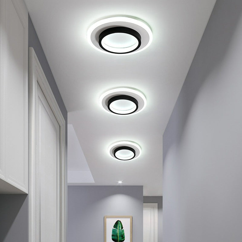 Modern Geometric Flush Mount Led Ceiling Light - Acrylic Corridor Fixture Black / White Round