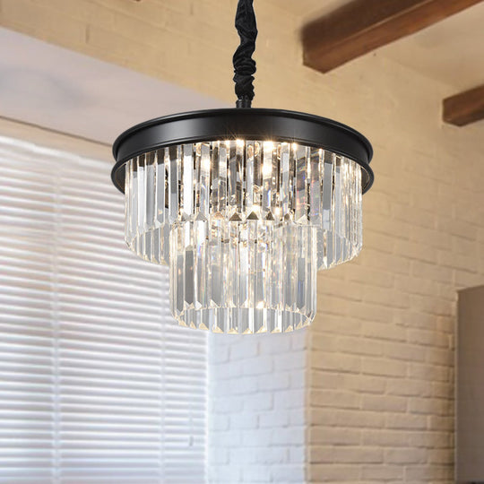 Postmodern Clear Crystal Glass Tiered Ceiling Chandelier Light, 9/12 Lights, Black, 16"/23" Wide