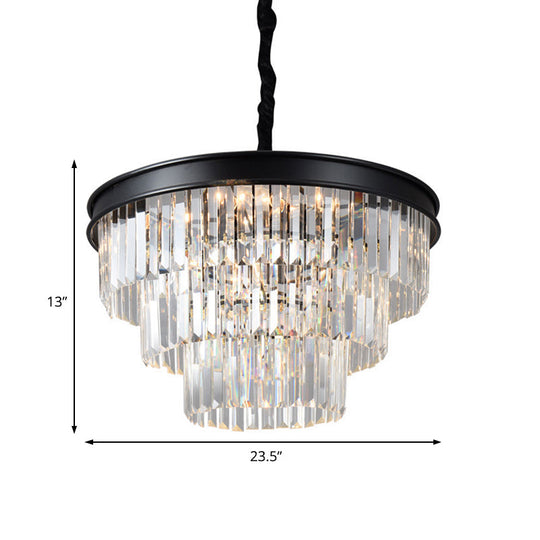 Postmodern Clear Crystal Glass Tiered Ceiling Chandelier Light, 9/12 Lights, Black, 16"/23" Wide