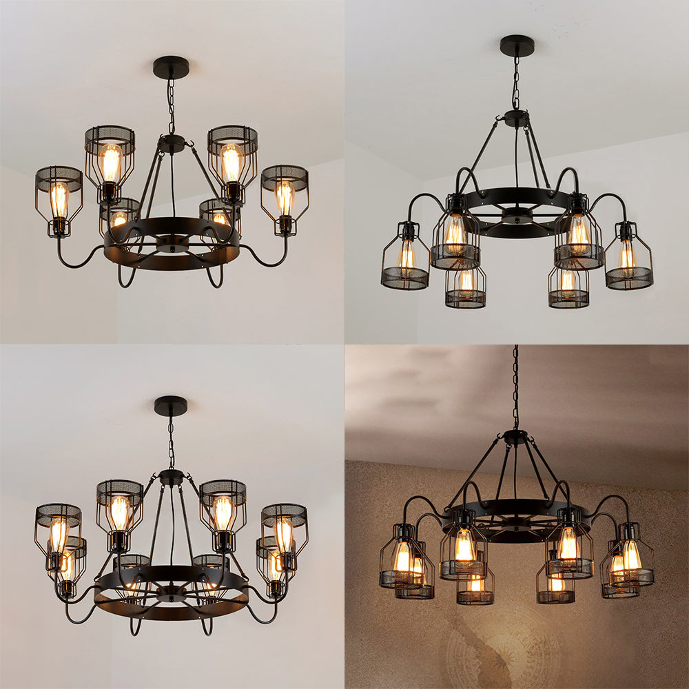 Retro Style 6/8-Light Chandelier With Wire Guard And Bell Shade In Black