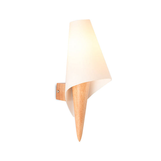 Ice Cream Cone Wall Mounted Light With Simplicity Wood Finish Single-Bulb Bedside Fixture & White