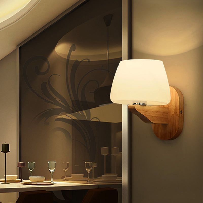 Nordic Style White Glass Bud Wall Sconce Lamp With Wooden Backplate - Modern Lighting Fixture