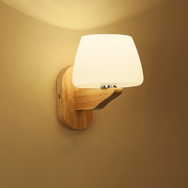 Nordic Style White Glass Bud Wall Sconce Lamp With Wooden Backplate - Modern Lighting Fixture 1 /