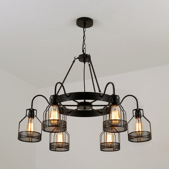 Retro Style 6/8-Light Chandelier With Wire Guard And Bell Shade In Black 6 / Down