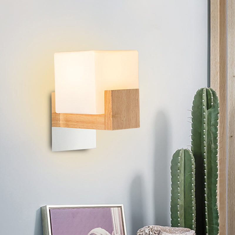 Modern Single Cube Bedside Wall Sconce Lamp With White Glass Shade And Wooden Backplate - Stylish