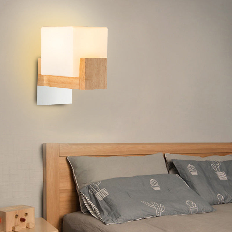 Modern Single Cube Bedside Wall Sconce Lamp With White Glass Shade And Wooden Backplate - Stylish