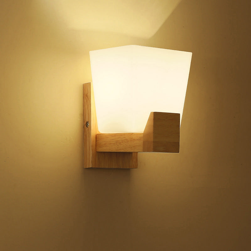 Trapezoid Glass Wall Sconce Light With Wood Backplate - White Bedside Mount 1 /