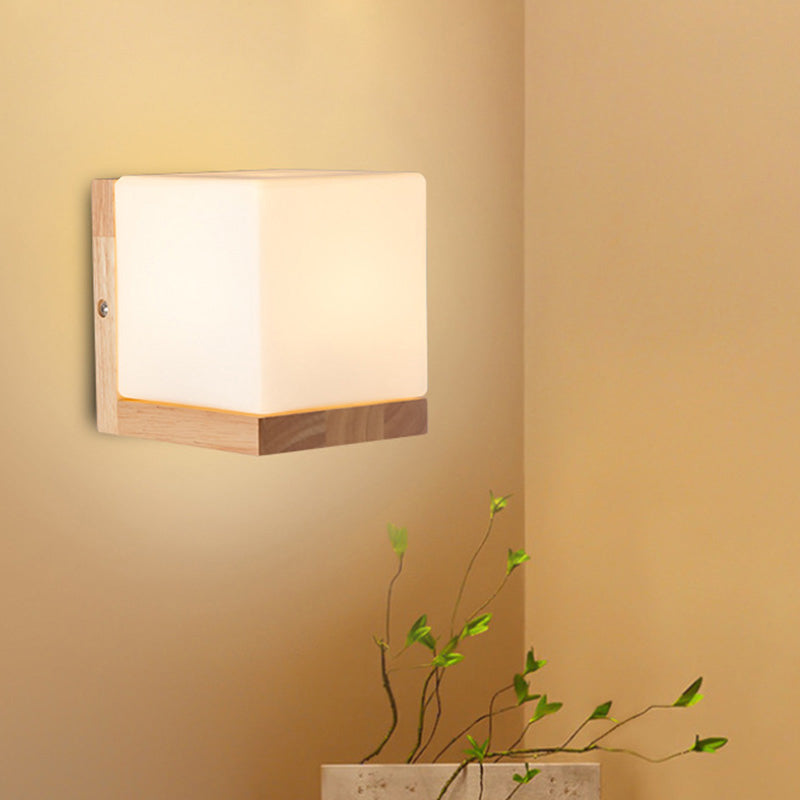 Nordic Style Cube Shaped Sconce Lighting With White Glass Shade - 1-Light Bedside Wall Fixture