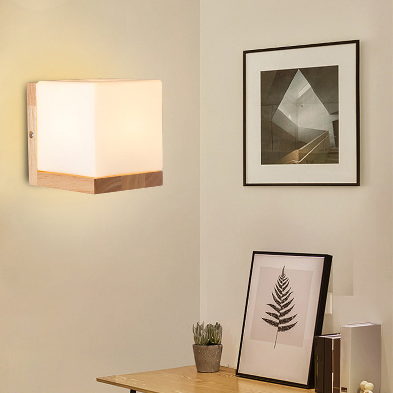 Nordic Style Cube Shaped Sconce Lighting With White Glass Shade - 1-Light Bedside Wall Fixture