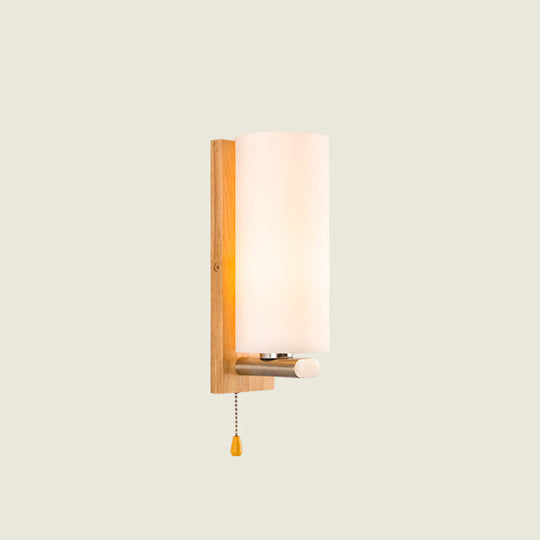 White Glass Wall Sconce - Cylindrical Bedside Light With Pull Chain