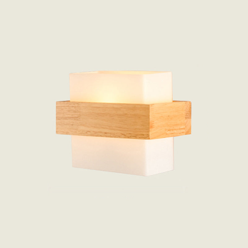 Modern White Glass Rectangle Sconce With Wooden Accents - Single-Bulb Wall Light Fixture