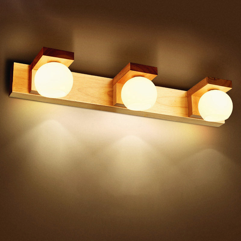 White Glass Led Vanity Light With Wooden Backplate - Simplicity Globe Wall Sconce For Bathroom