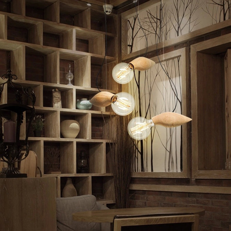 Nordic Style Hanging Pendant Light Bee Shaped Wood Ceiling Fixture For Restaurants