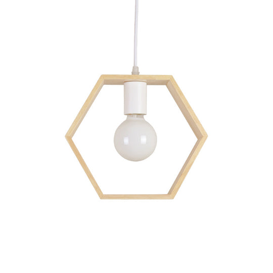 Modern Geometric Pendant Light with Wooden Frame - Single-Bulb Suspension Fixture
