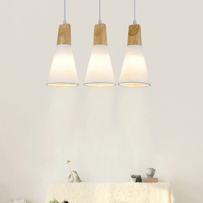 Simplicity Fabric Pendant Light With Wooden Top For Dining Room - Tapered Suspension 1-Light White