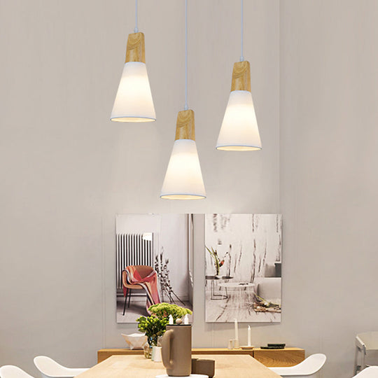 Simplicity Fabric Pendant Light With Wooden Top For Dining Room - Tapered Suspension 1-Light White