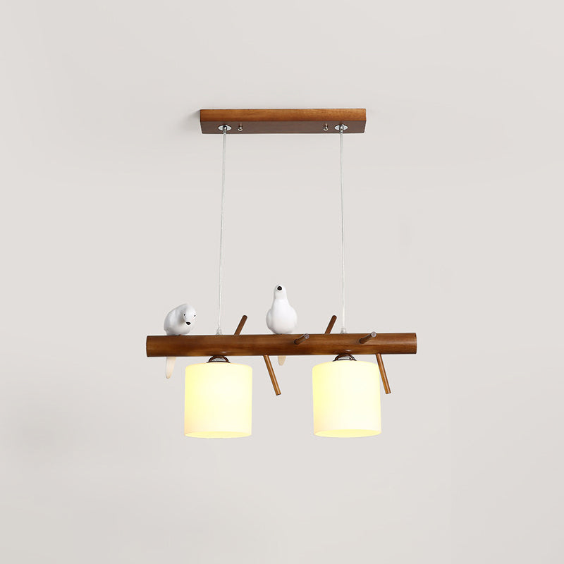 White Glass Led Pendant Light With Resin Bird - Cylinder Restaurant Island Hanging Fixture