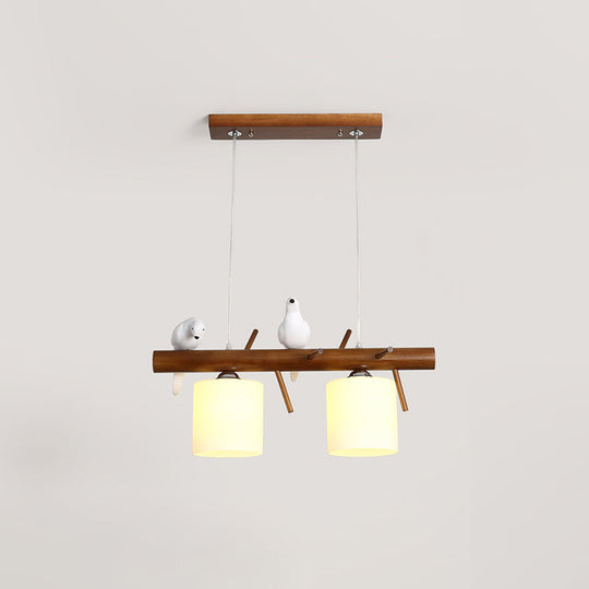 White Glass Led Pendant Light With Resin Bird - Cylinder Restaurant Island Hanging Fixture