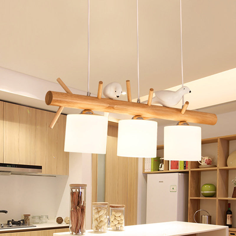 Modern Branch Island Pendant Light With Led Wood Dining Room Ceiling And Cream Glass Shade 3 /