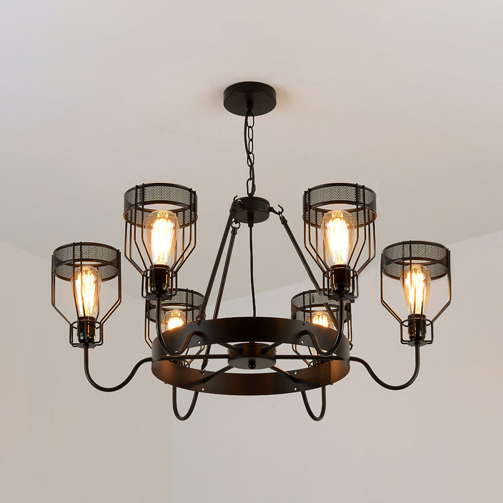 Retro Style 6/8-Light Chandelier With Wire Guard And Bell Shade In Black 6 / Up
