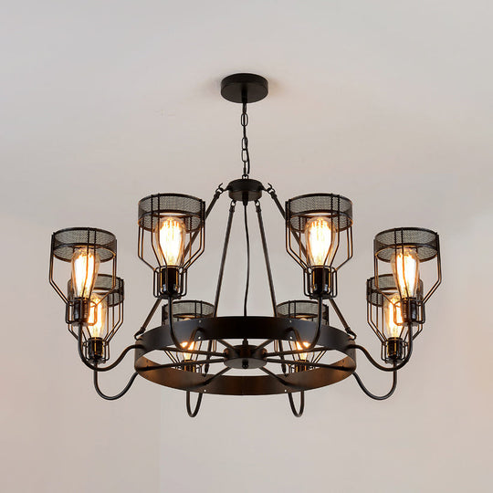 Retro Style 6/8-Light Chandelier With Wire Guard And Bell Shade In Black 8 / Up