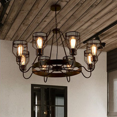 Retro Style 6/8-Light Chandelier With Wire Guard And Bell Shade In Black