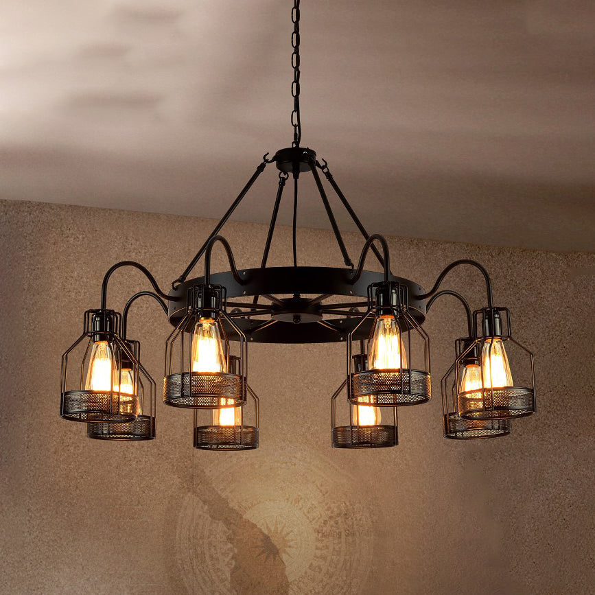 Retro Style 6/8-Light Chandelier with Wire Guard, Black Down/up Ceiling Light and Bell Shade