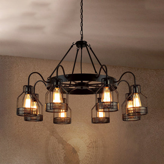 Retro Style 6/8-Light Chandelier With Wire Guard And Bell Shade In Black 8 / Down