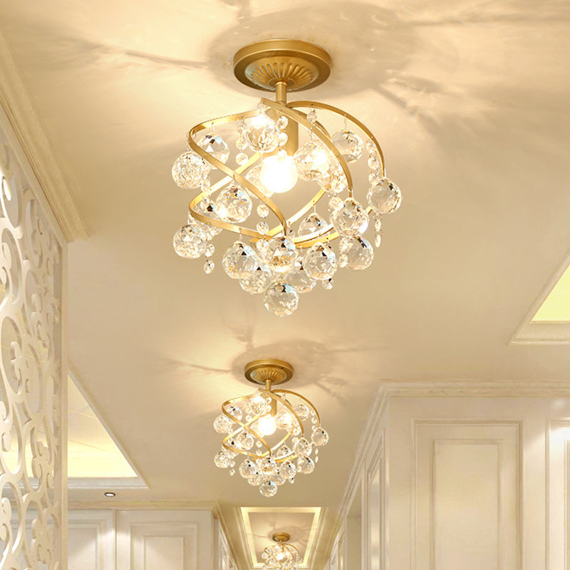 Postmodern Spiral Crystal Ball Semi Flush Ceiling Light Brass