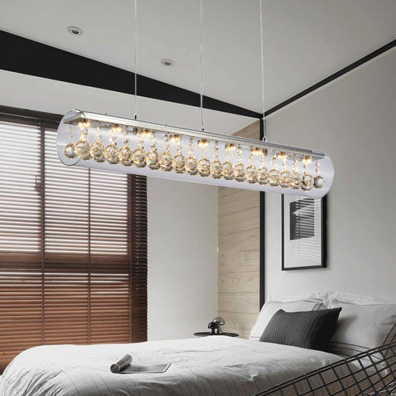 Contemporary Glass Island Pendant Light With 5 Horizontal Cylinder Lights And Crystal Ball Accent