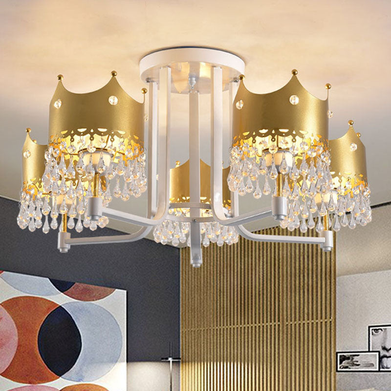 Modern Gold Crown Chandelier With Waterdrop Crystal Accents - 5 Lights